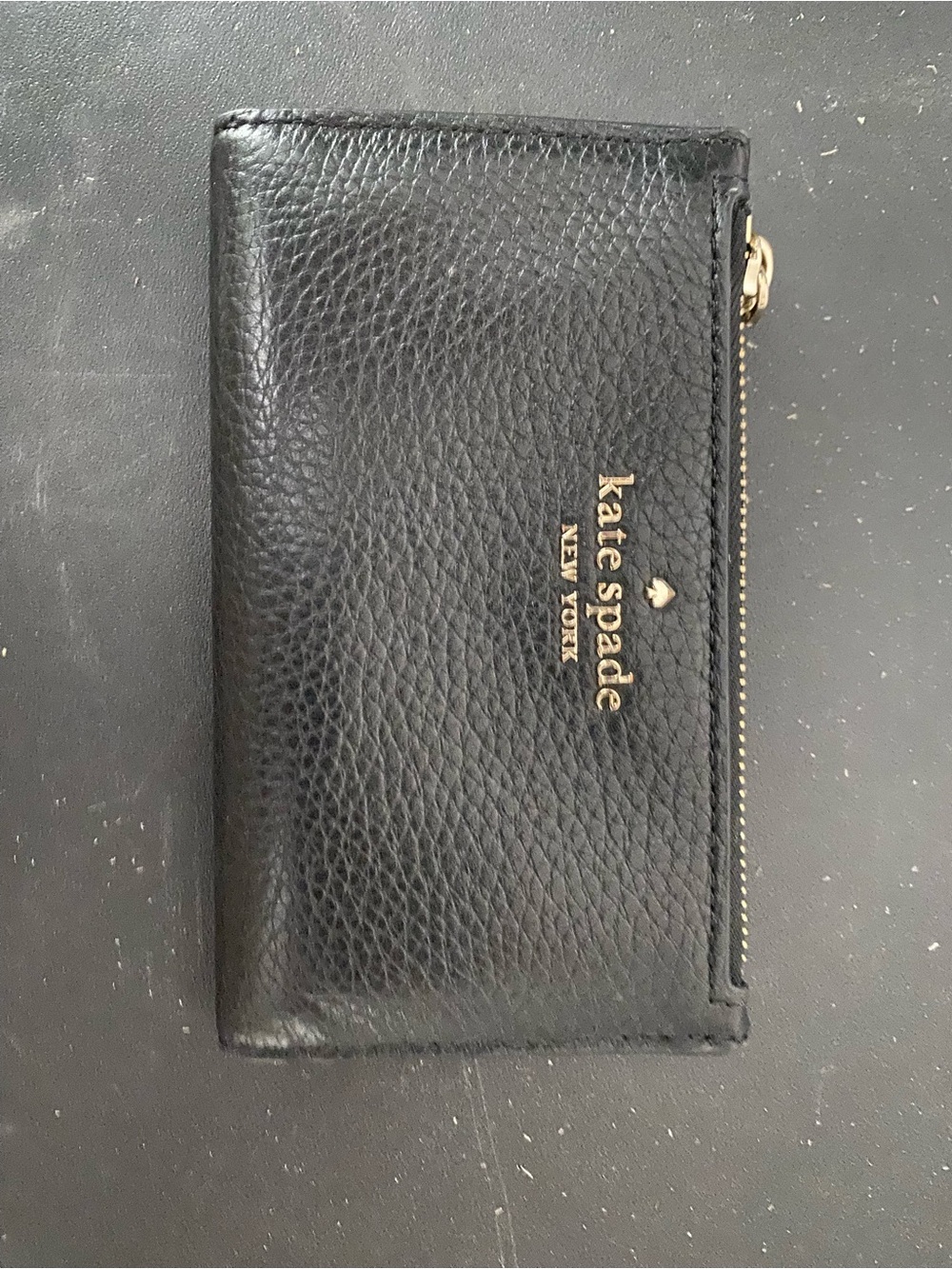 kate spade Black Pebbled Leather Zip Card Wallet with Gold Logo
